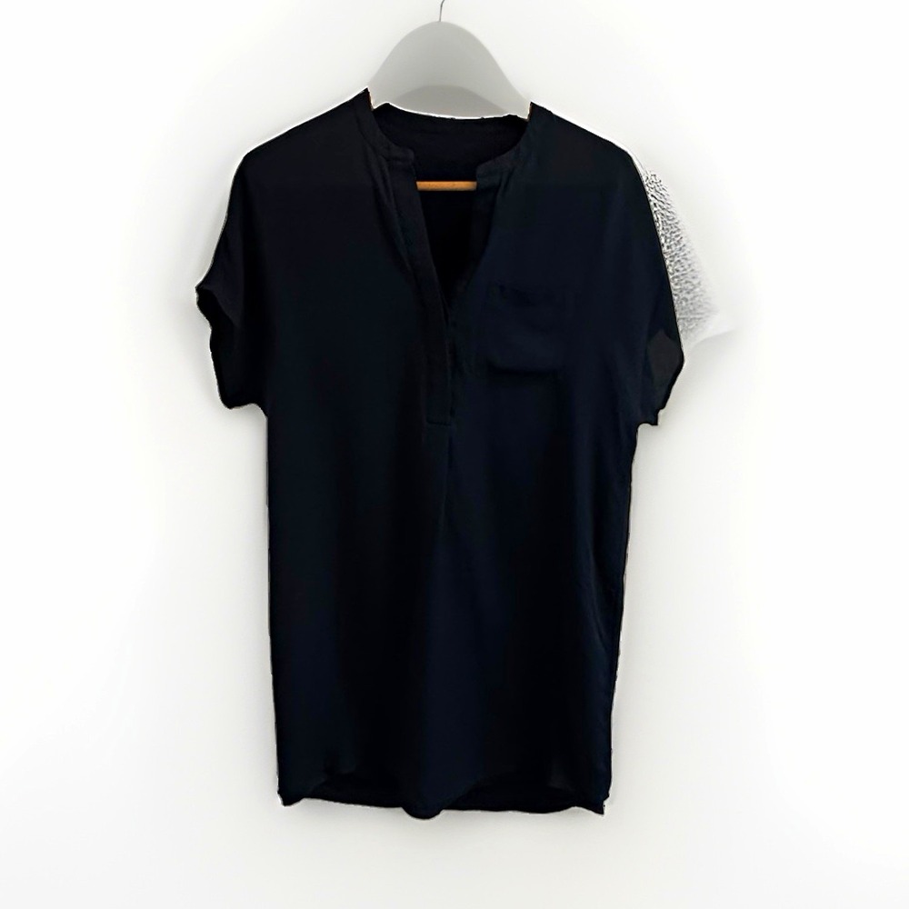 Vince. Women's Black 100% Silk Pleated V-Neck Short Sleeve Pullover Dress Size M